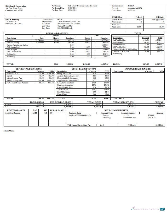 Download OhioHealth Corporation Paystub Photoshop template